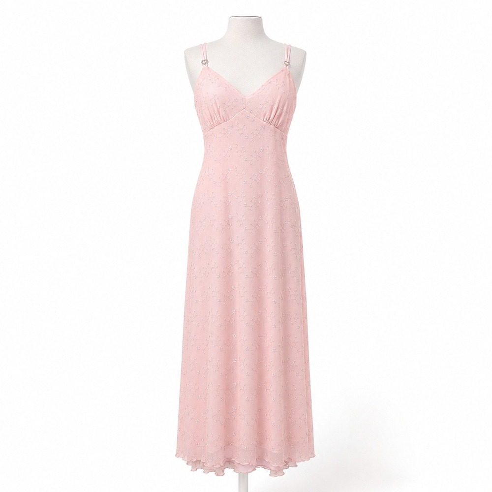 Vintage Y2K Floral Fairy Babydoll Maxi Dress S Pink Coquette Romantic Rhinestone